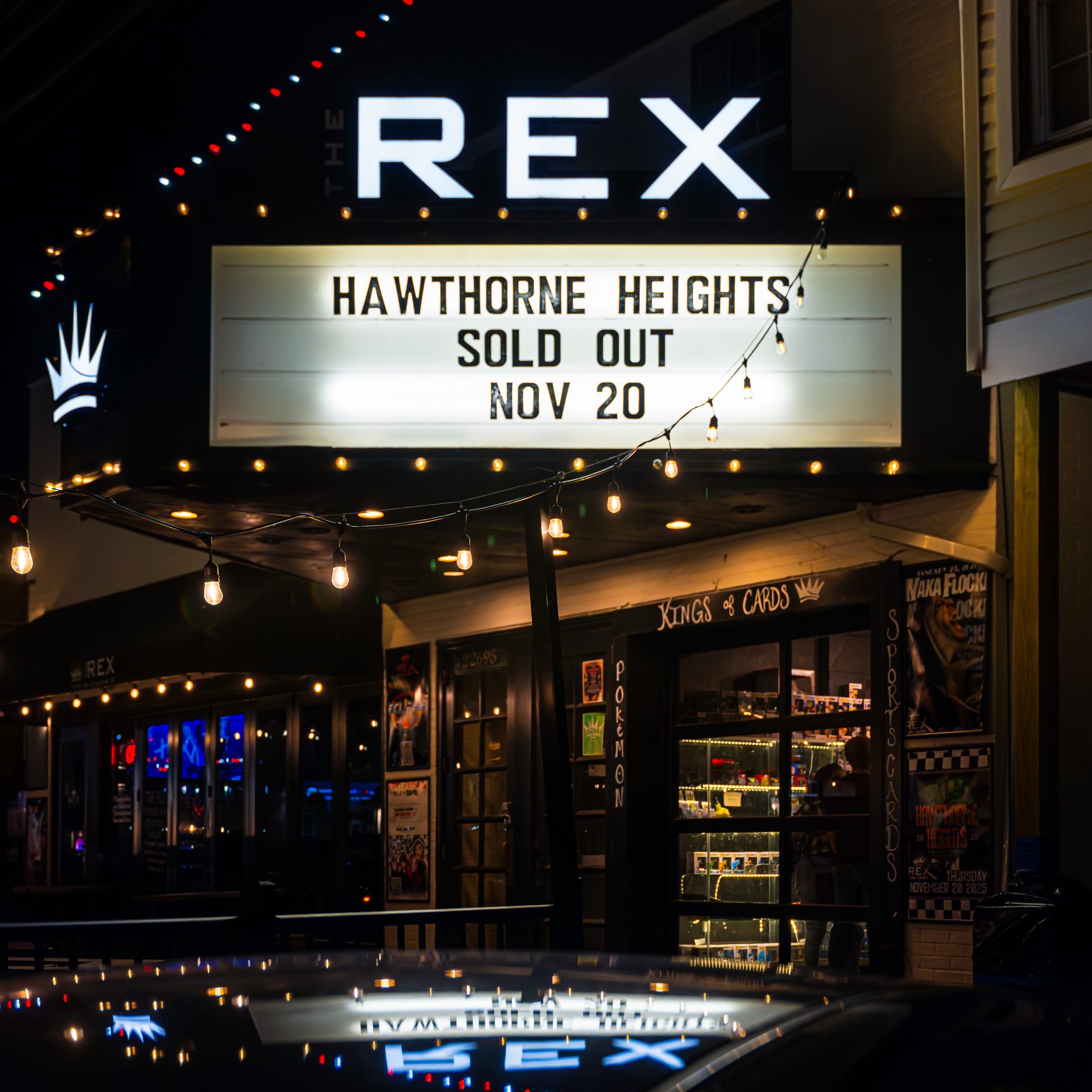 The Rex Theatre marquee at night reading Hawthorne Heights, sold out